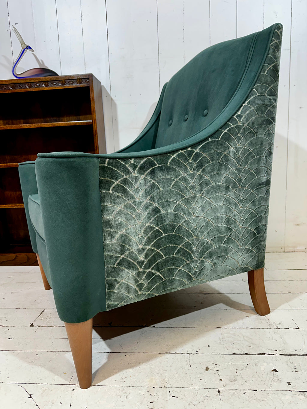 Art Deco Inspired Hand Crafted Lounge Chair in Green Textured Velvet