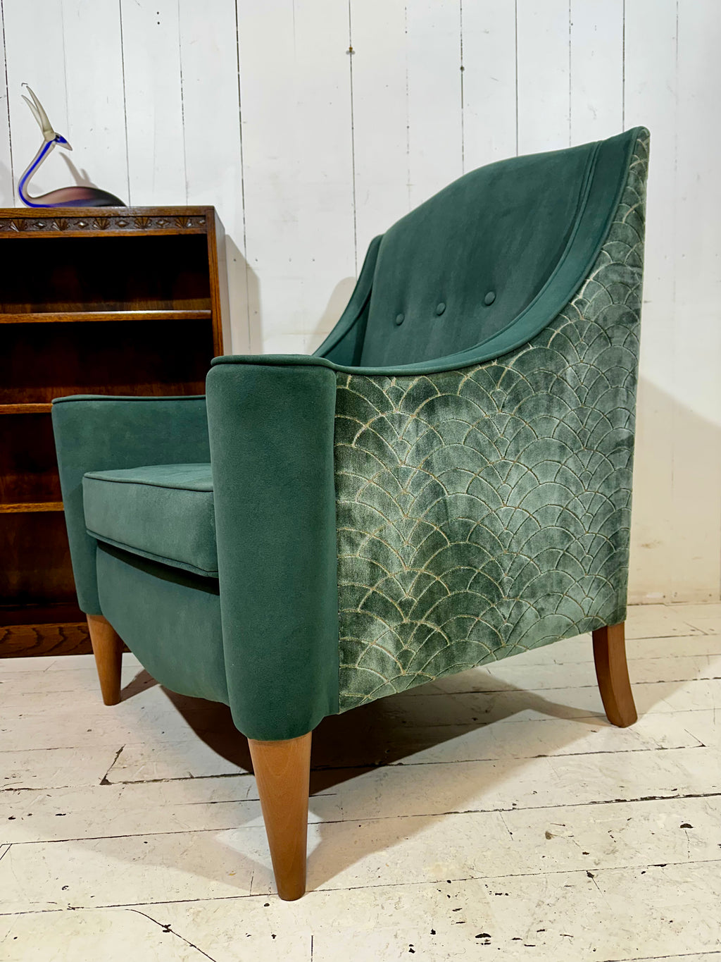 Art Deco Inspired Hand Crafted Lounge Chair in Green Textured Velvet