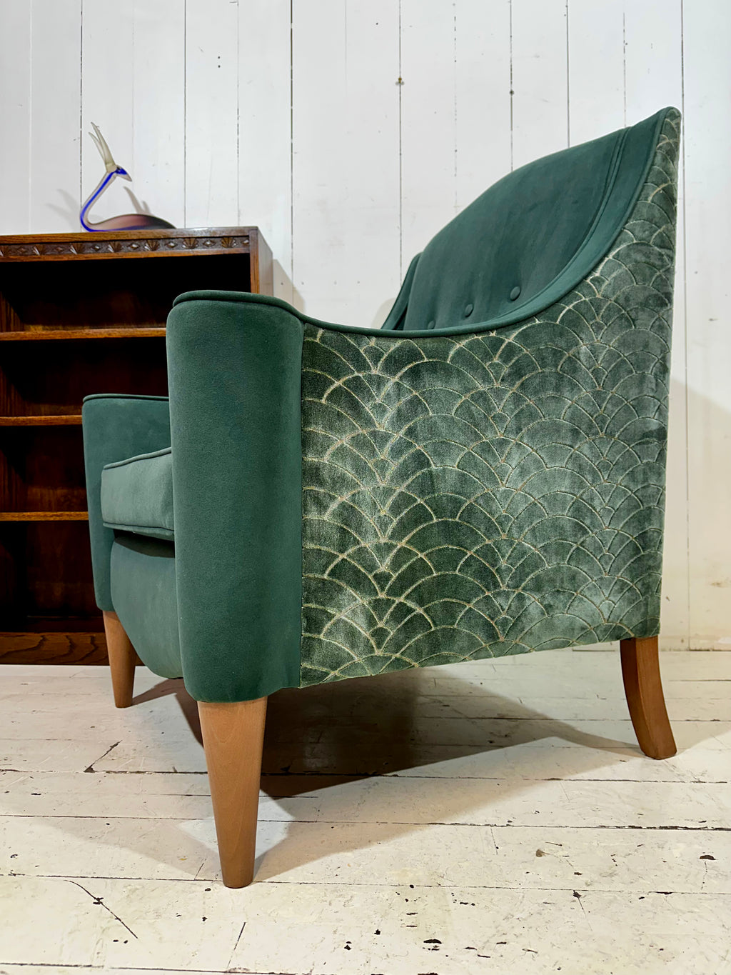 Art Deco Inspired Hand Crafted Lounge Chair in Green Textured Velvet