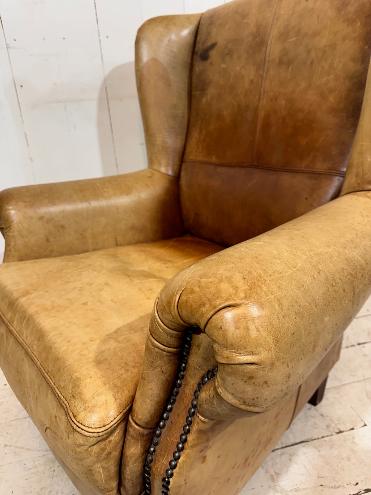 Vintage Distressed Leather Wingback Armchair