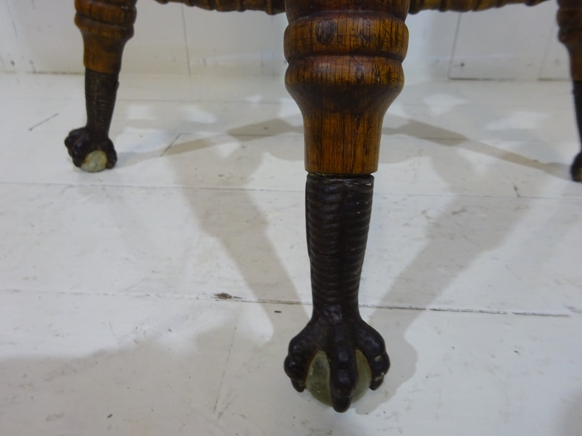 Victorian Oak Adjustable Stool With Claw & Glass Feet