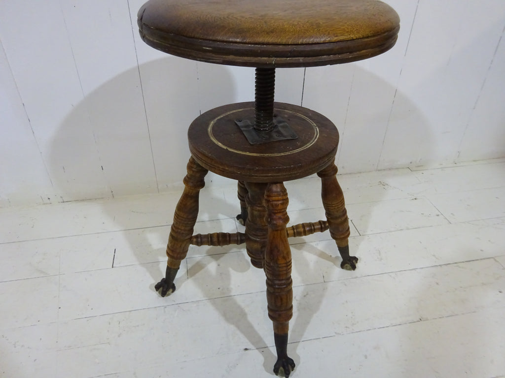 Victorian Oak Adjustable Stool With Claw & Glass Feet