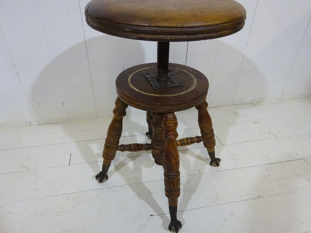 Victorian Oak Adjustable Stool With Claw & Glass Feet