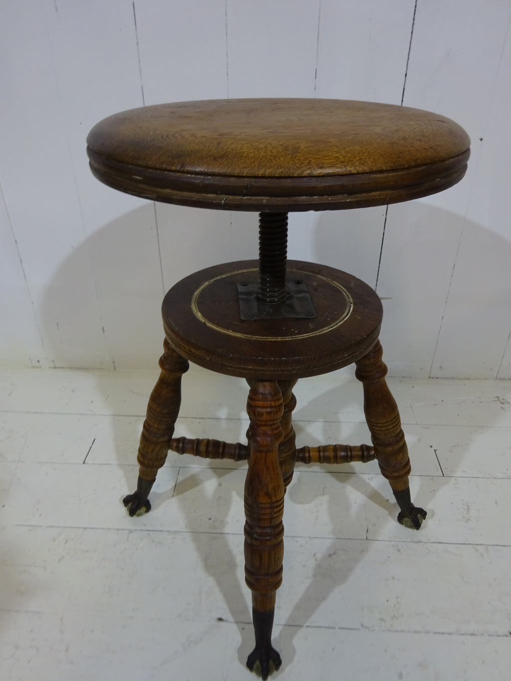 Victorian Oak Adjustable Stool With Claw & Glass Feet