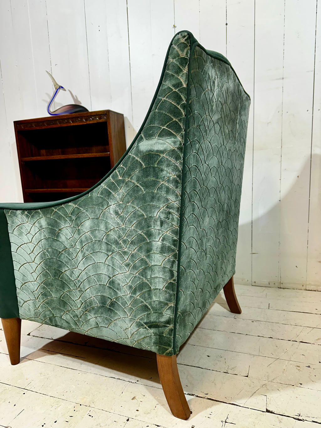Art Deco Inspired Hand Crafted Lounge Chair in Green Textured Velvet