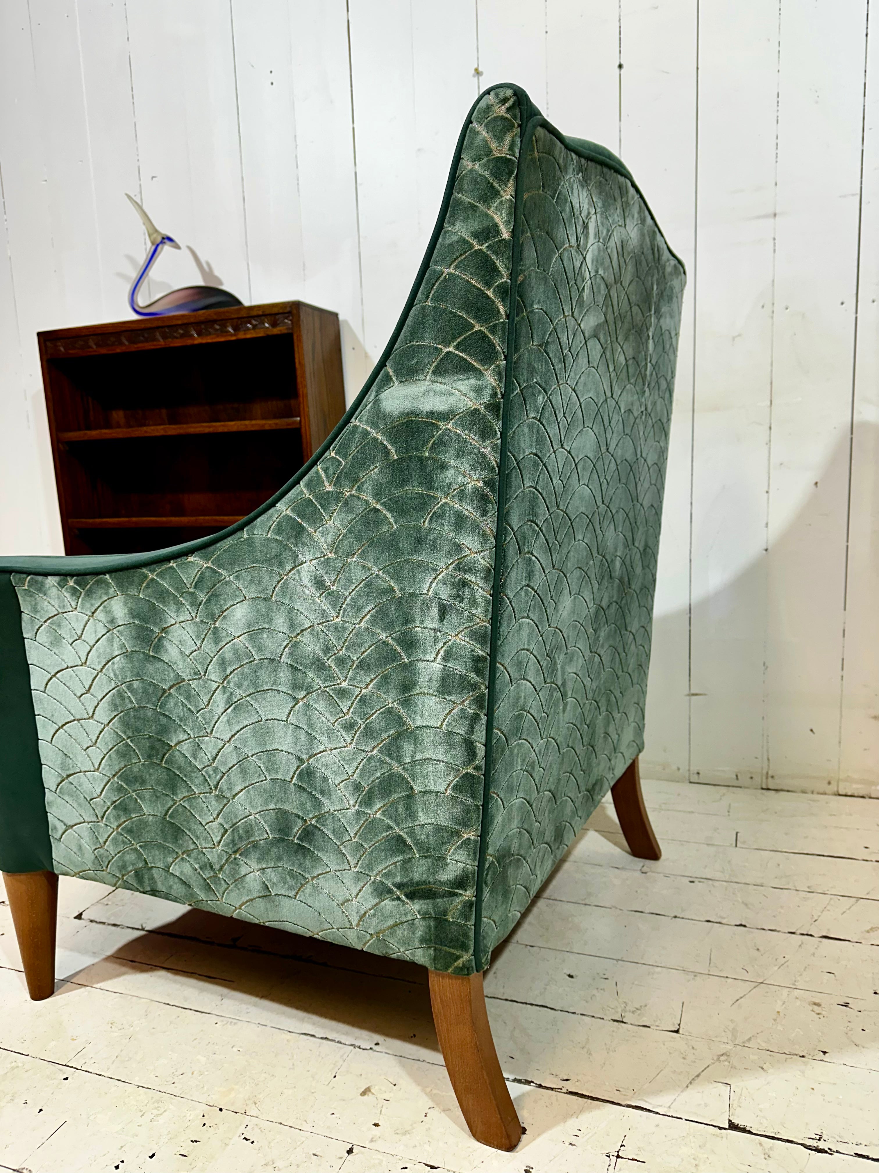 Art Deco Inspired Hand Crafted Lounge Chair in Green Textured Velvet