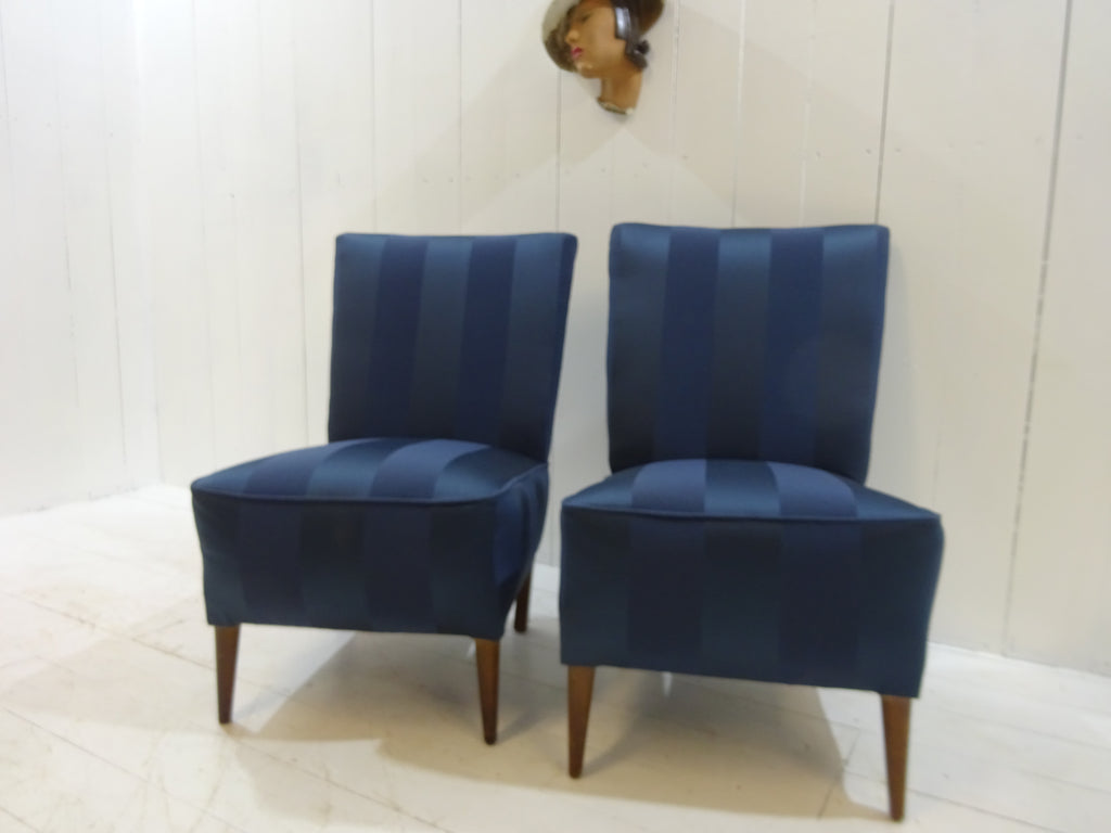 1960's Lounge Chair in Navy Blue Damask Fabric