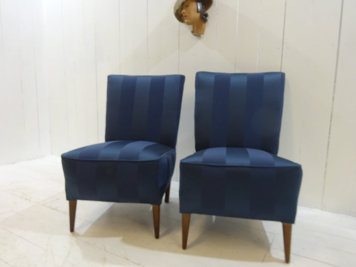 1960's Lounge Chair in Navy Blue Damask Fabric