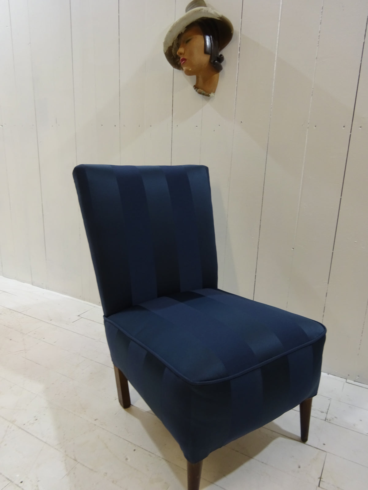 1960's Lounge Chair in Navy Blue Damask Fabric