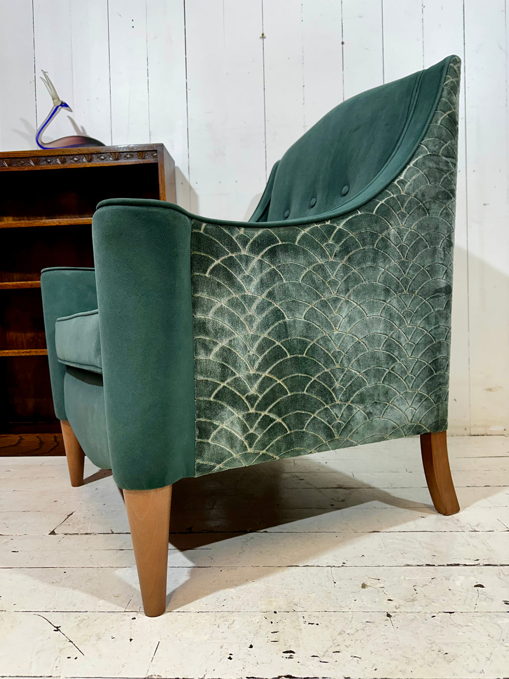 Art Deco Inspired Hand Crafted Lounge Chair in Green Textured Velvet