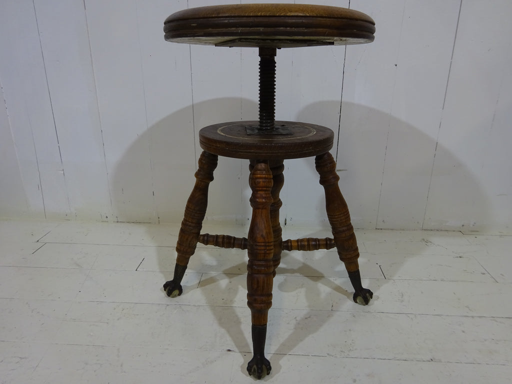 Victorian Oak Adjustable Stool With Claw & Glass Feet