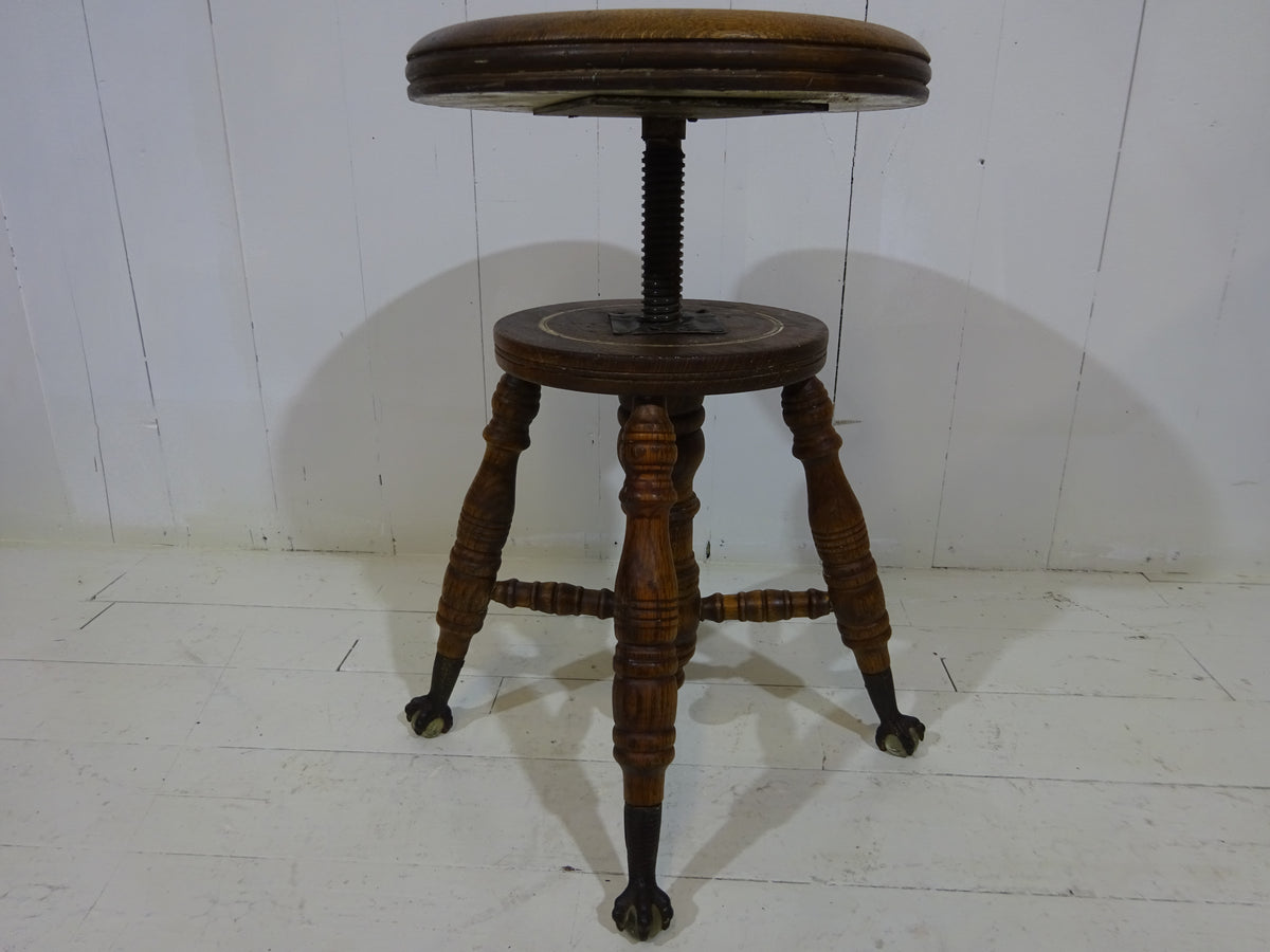Victorian Oak Adjustable Stool With Claw & Glass Feet