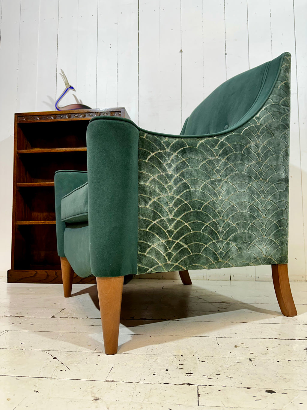 Art Deco Inspired Hand Crafted Lounge Chair in Green Textured Velvet