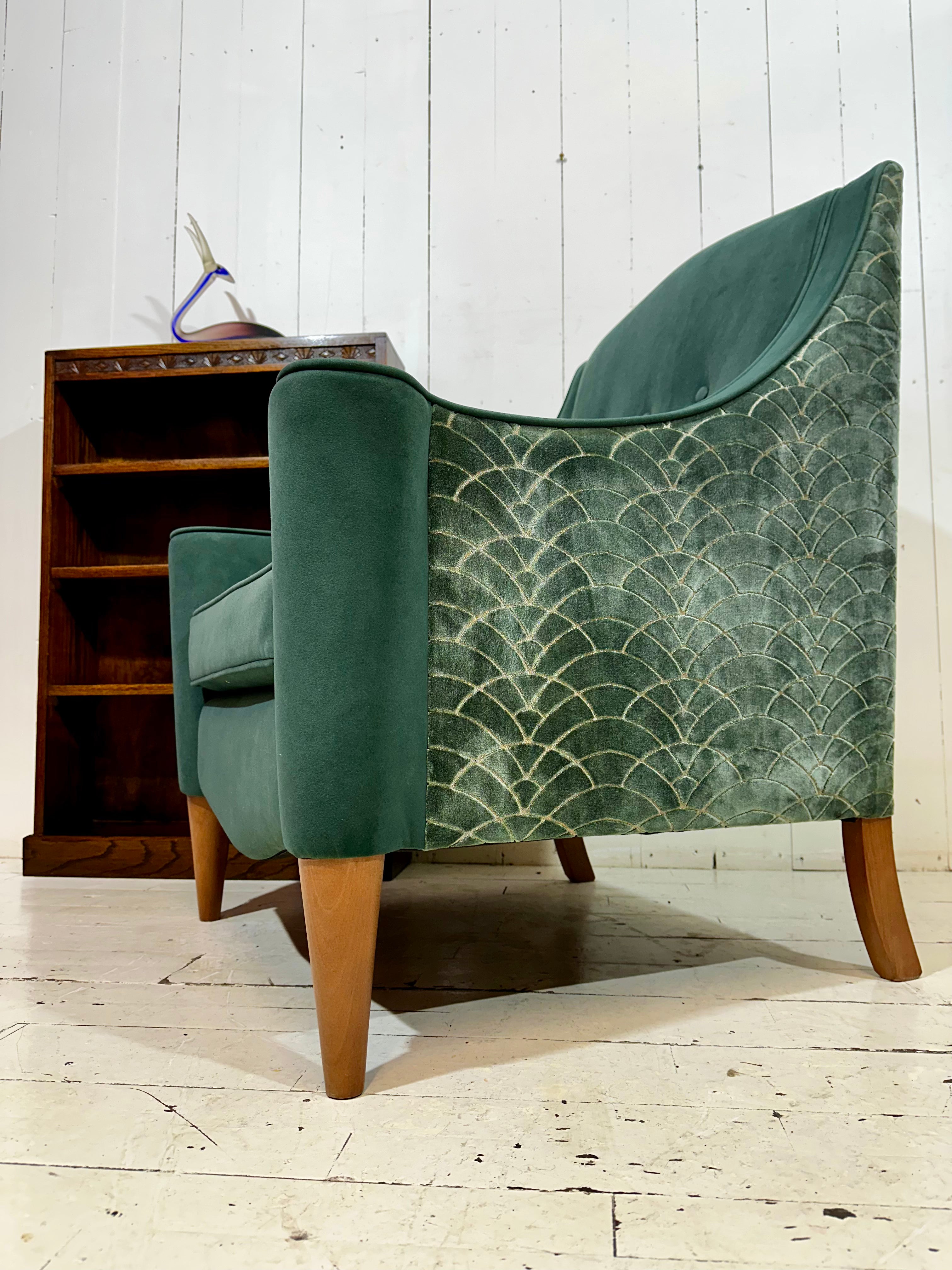 Art Deco Inspired Hand Crafted Lounge Chair in Green Textured Velvet