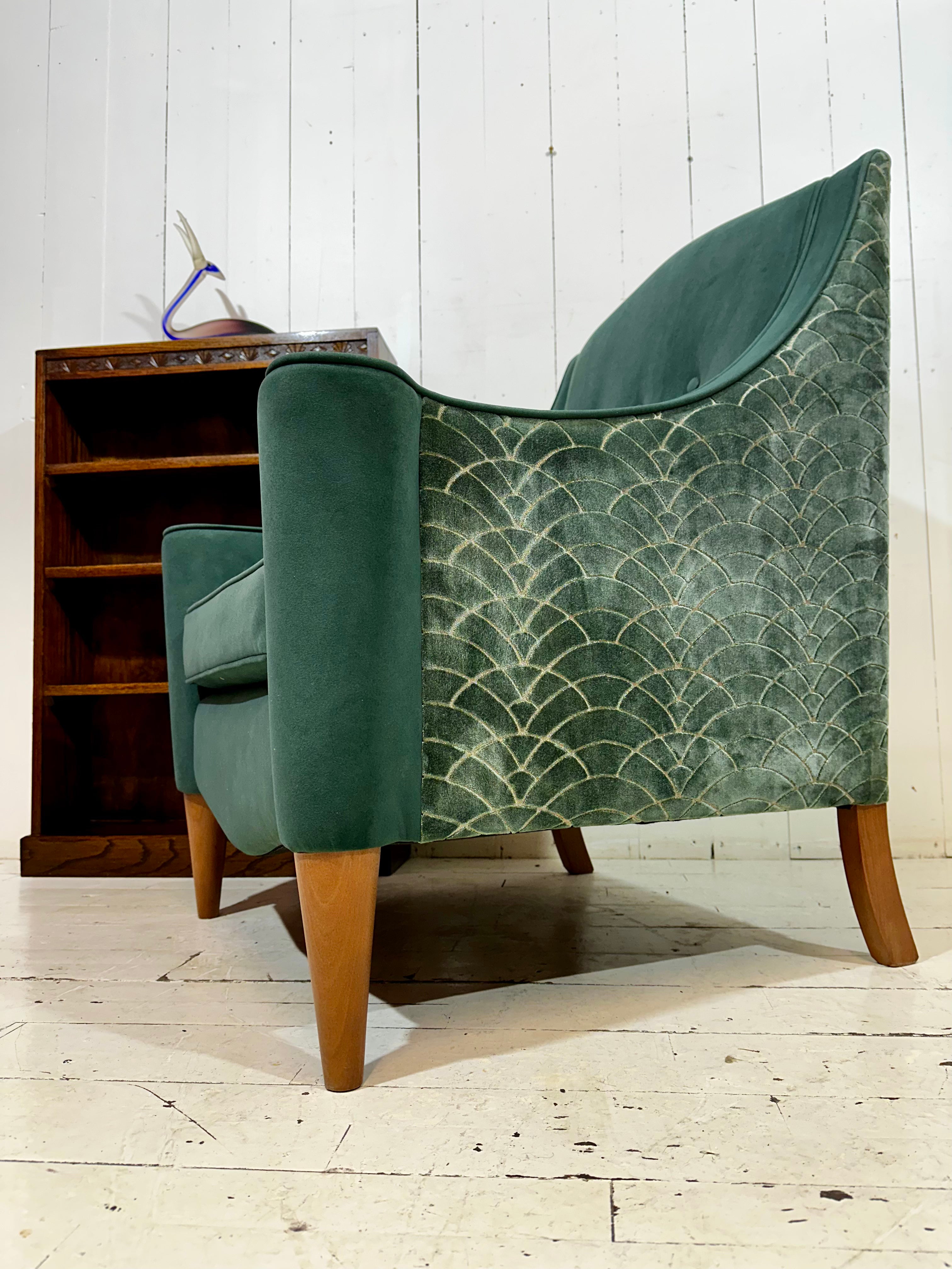 Art Deco Inspired Hand Crafted Lounge Chair in Green Textured Velvet