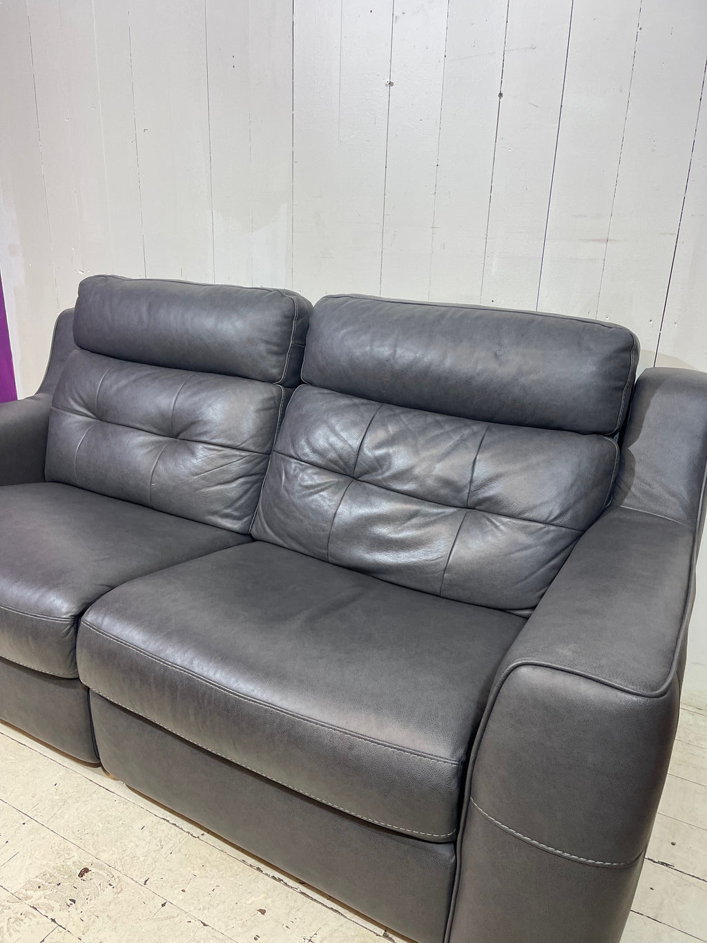 Full Aniline Grey Leather Sofa with Double Recliner