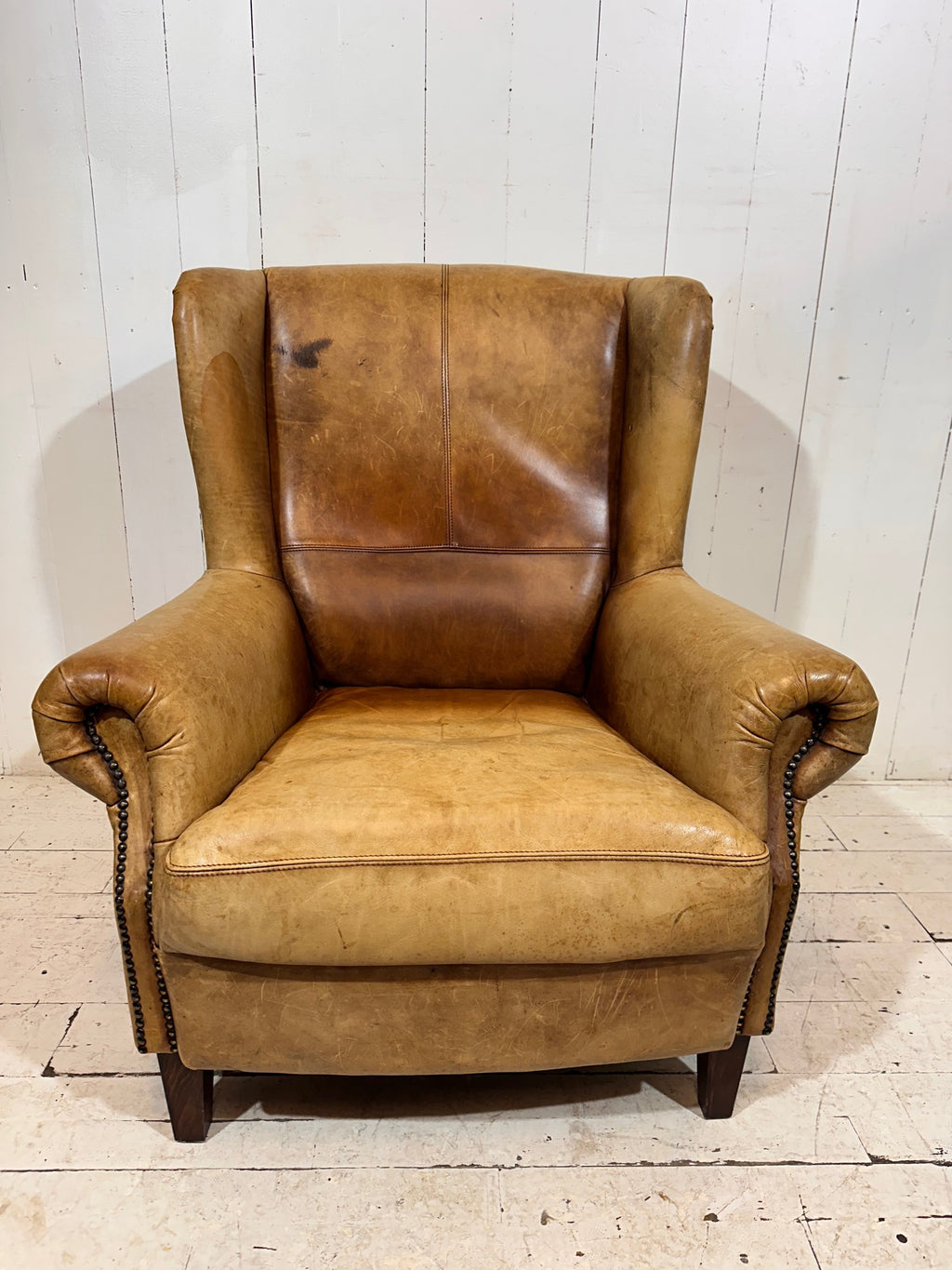 Vintage Distressed Leather Wingback Armchair