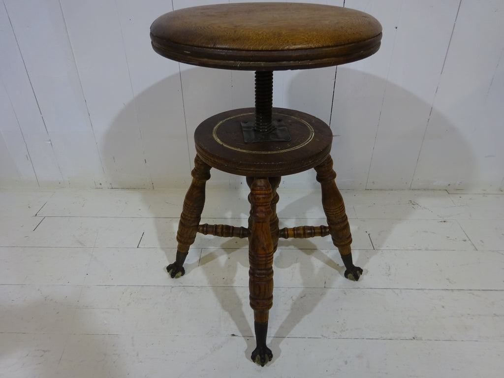 Victorian Oak Adjustable Stool With Claw & Glass Feet