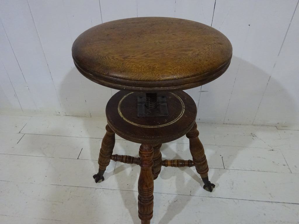 Victorian Oak Adjustable Stool With Claw & Glass Feet