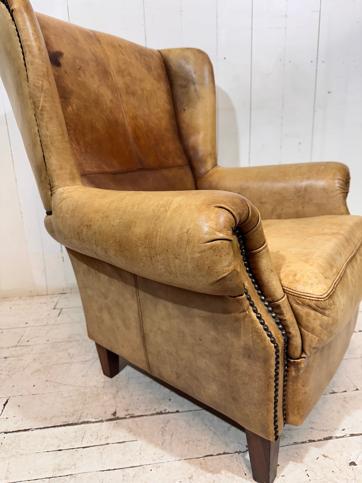 Vintage Distressed Leather Wingback Armchair