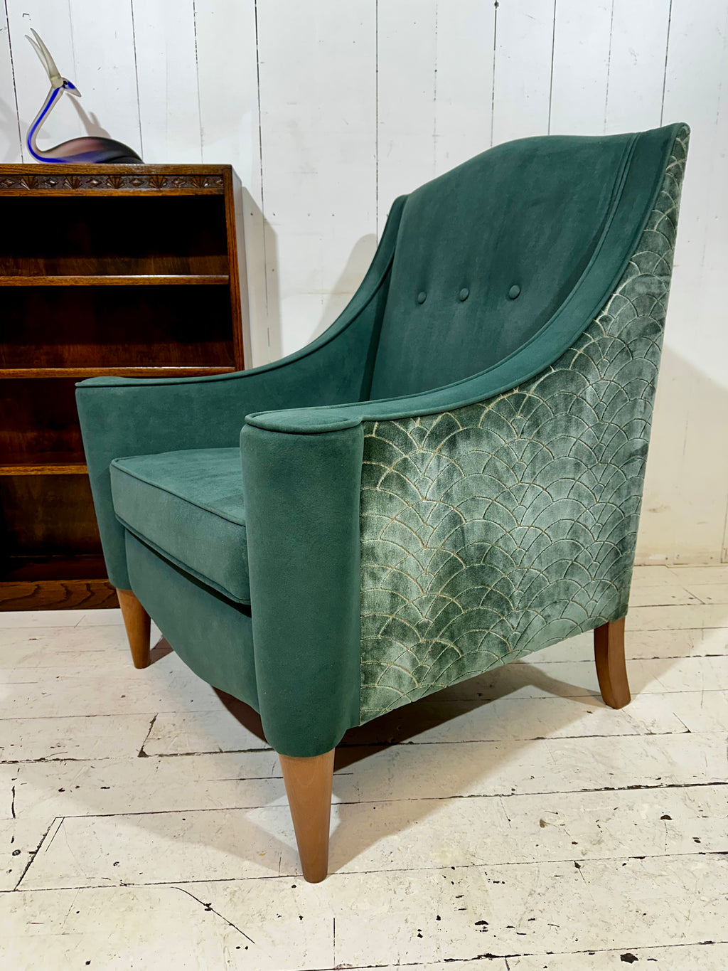 Art Deco Inspired Hand Crafted Lounge Chair in Green Textured Velvet