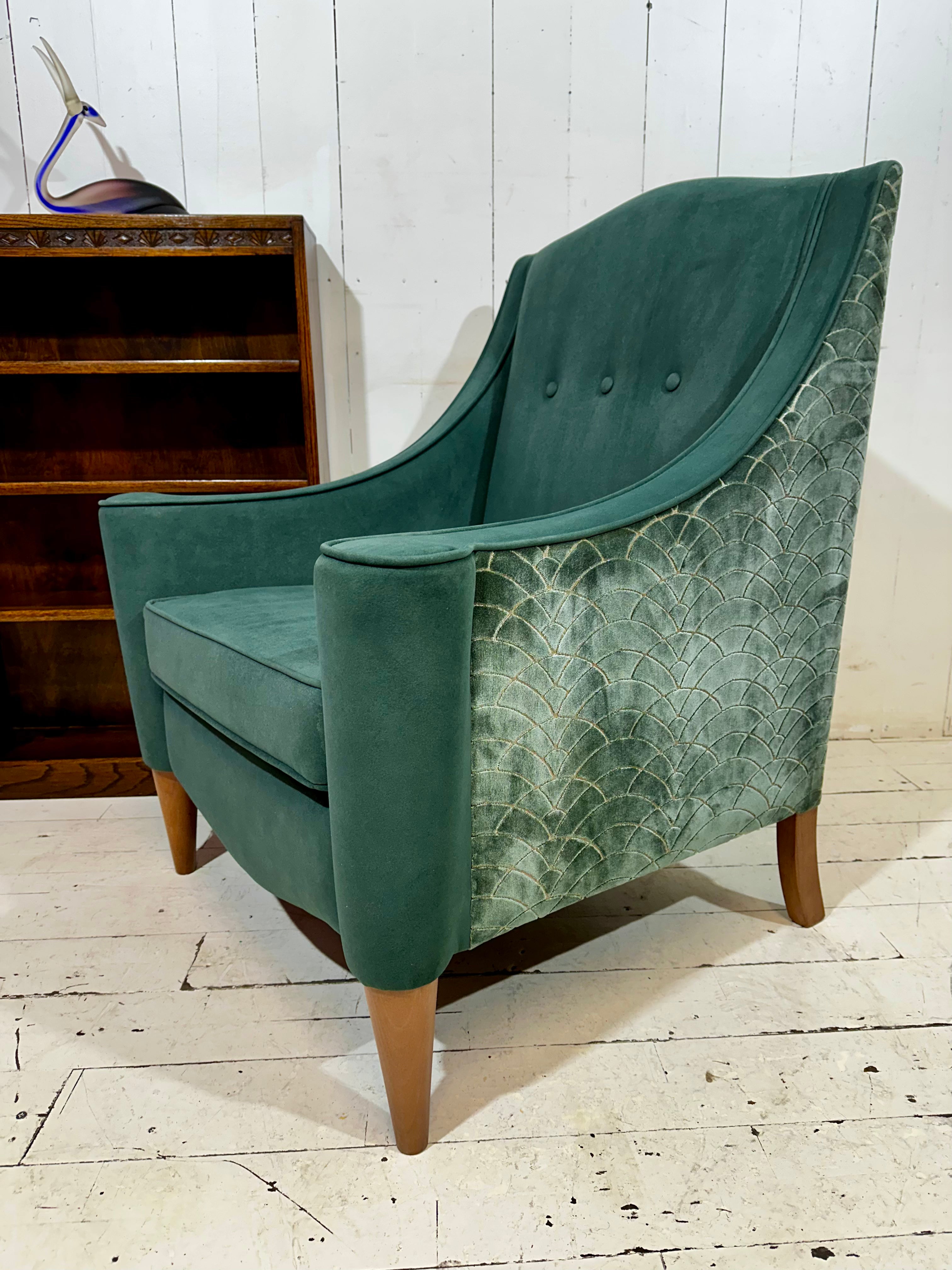 Art Deco Inspired Hand Crafted Lounge Chair in Green Textured Velvet