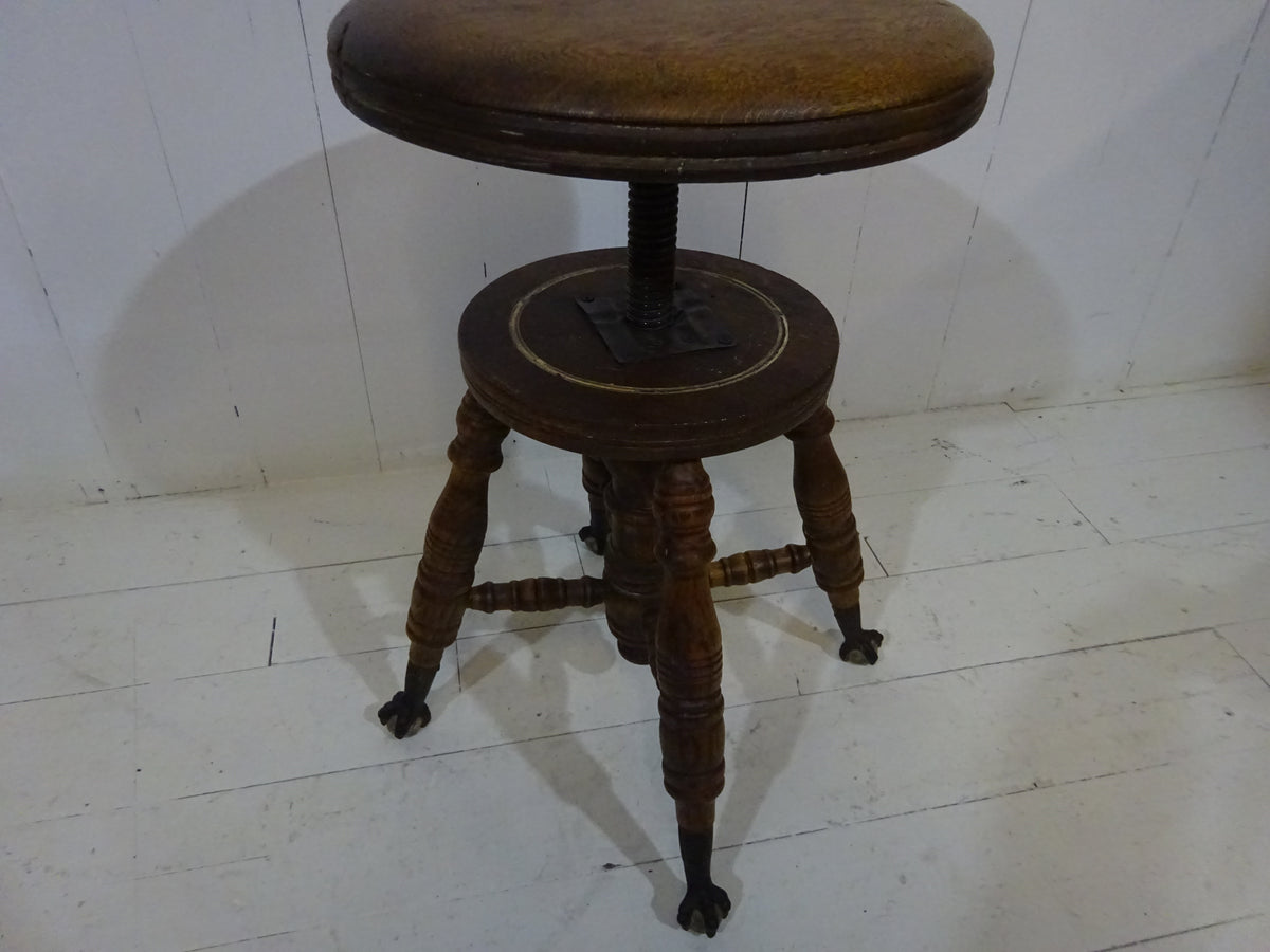 Victorian Oak Adjustable Stool With Claw & Glass Feet