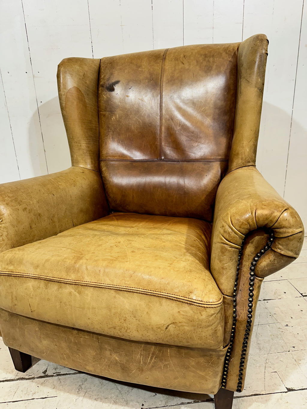 Vintage Distressed Leather Wingback Armchair