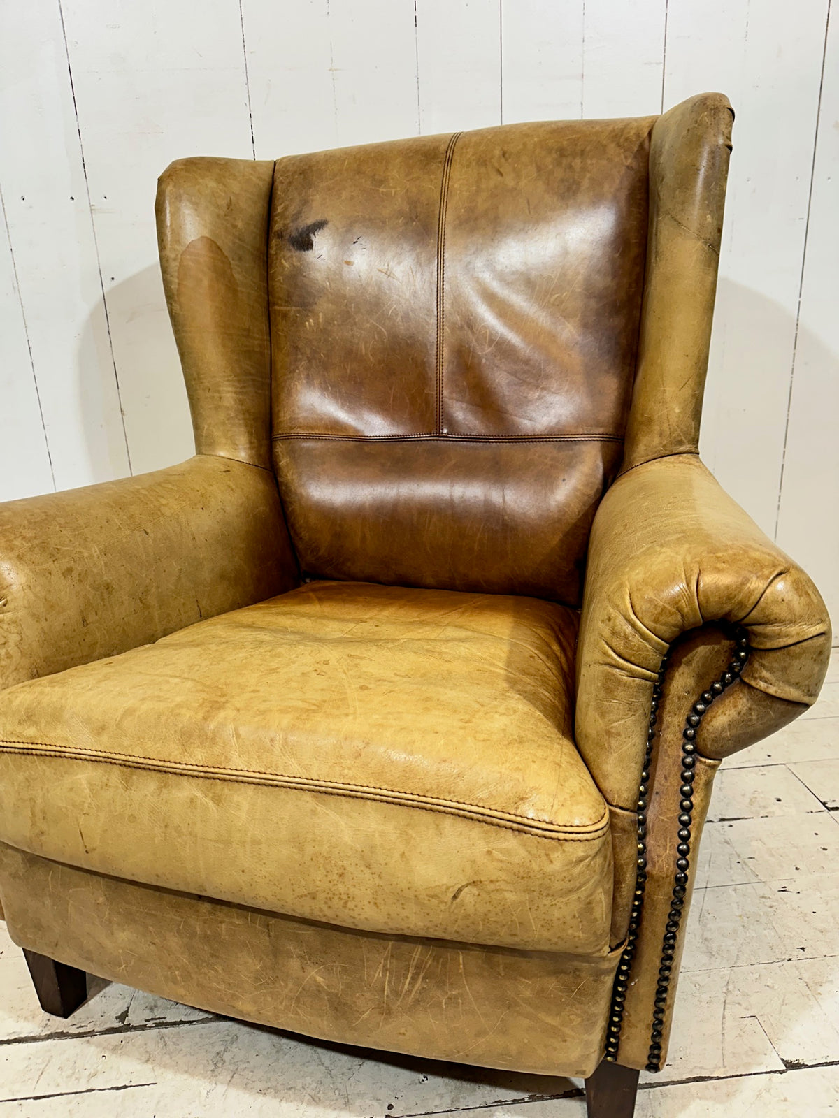 Vintage Distressed Leather Wingback Armchair