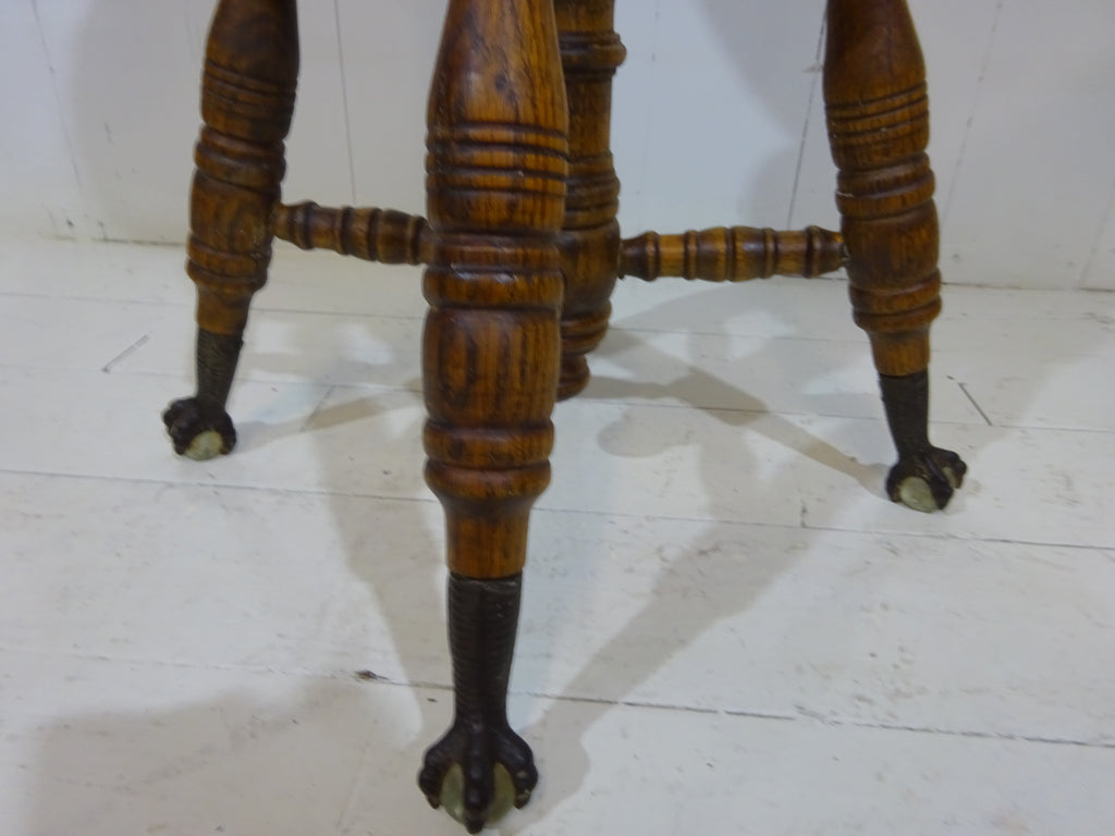 Victorian Oak Adjustable Stool With Claw & Glass Feet
