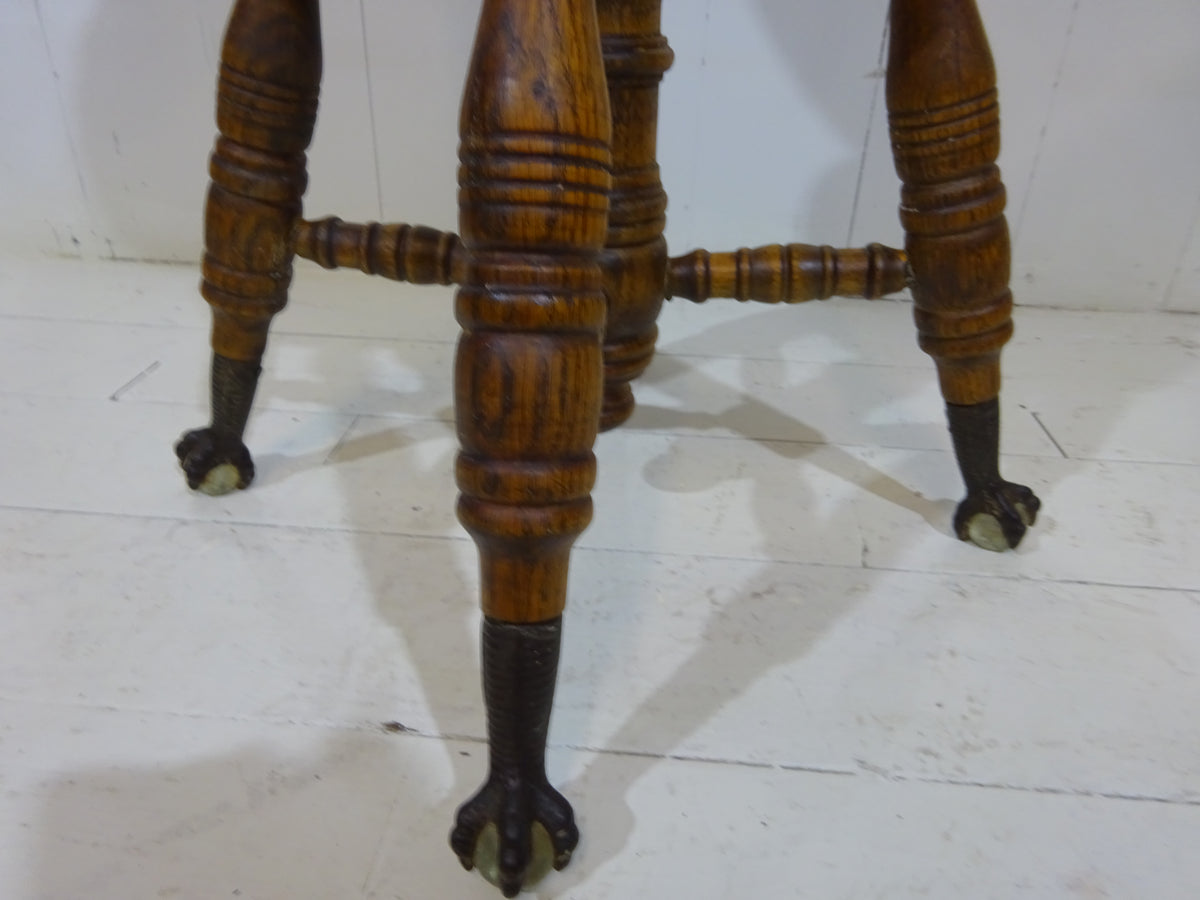Victorian Oak Adjustable Stool With Claw & Glass Feet