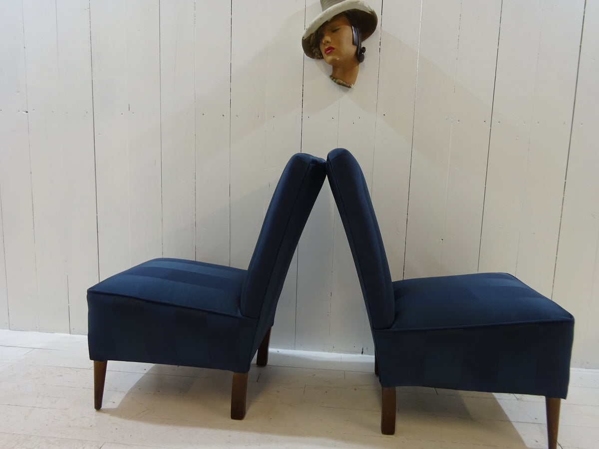 1960's Lounge Chair in Navy Blue Damask Fabric
