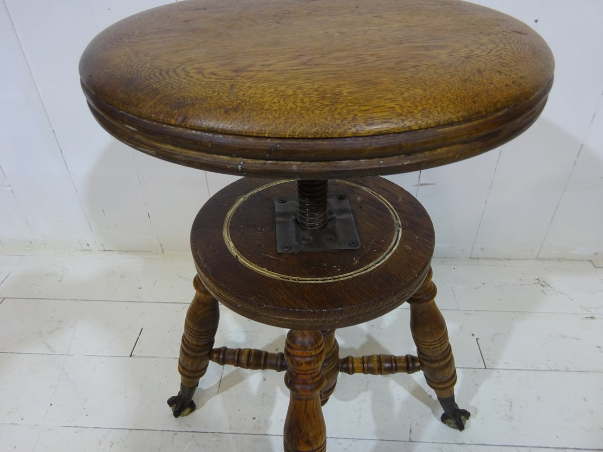 Victorian Oak Adjustable Stool With Claw & Glass Feet