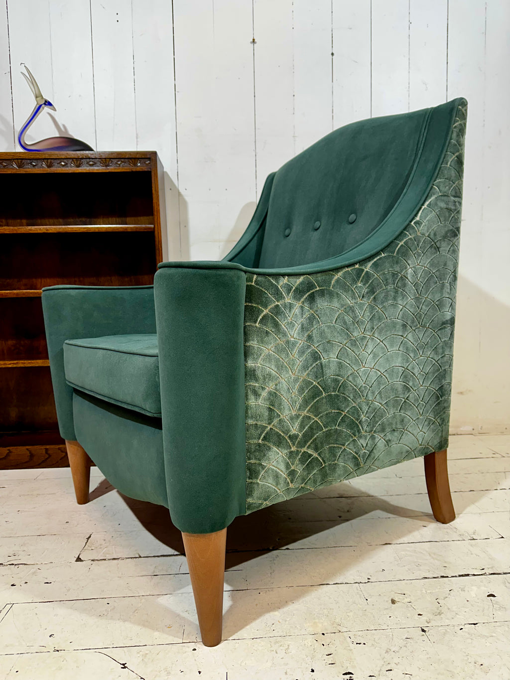 Art Deco Inspired Hand Crafted Lounge Chair in Green Textured Velvet
