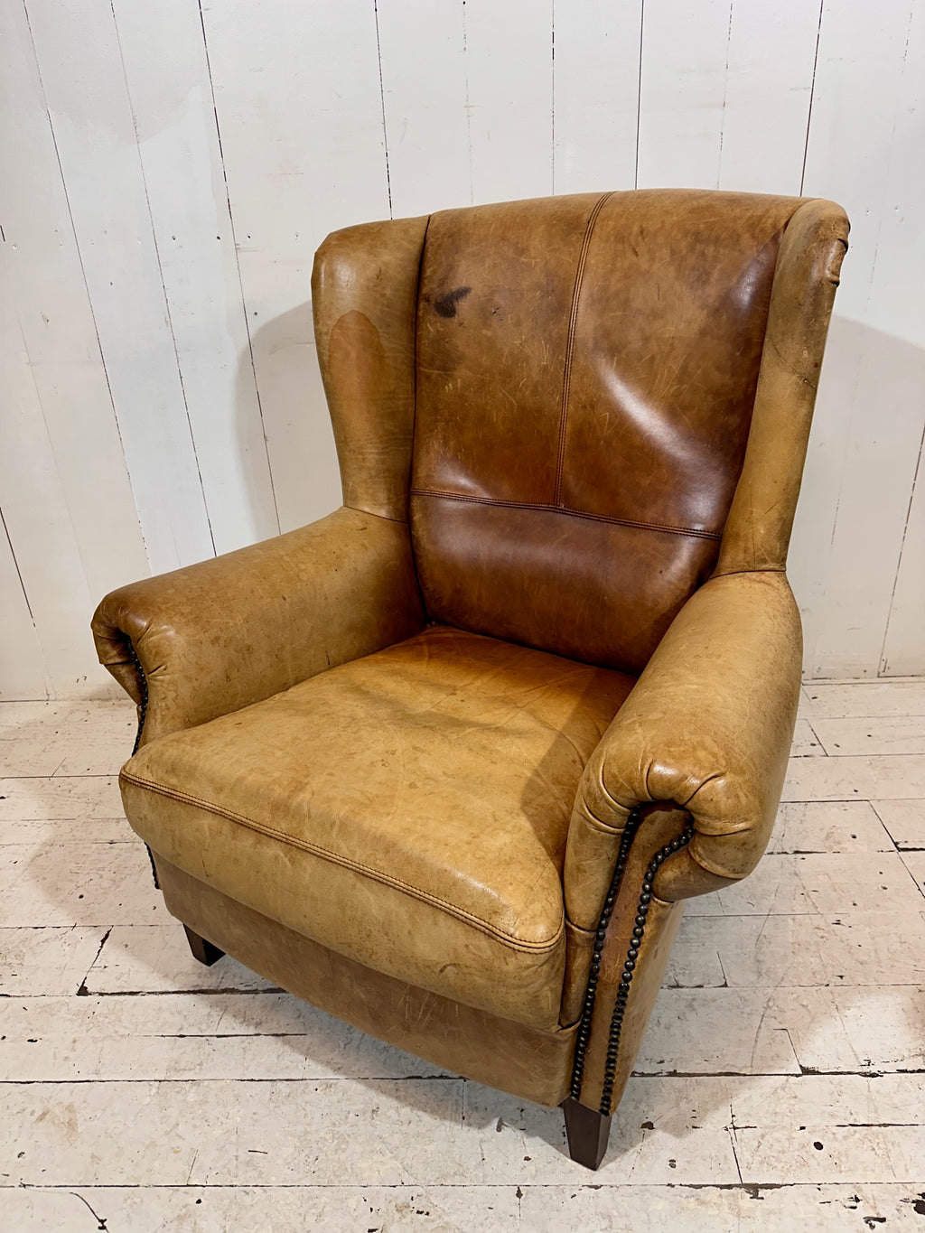 Vintage Distressed Leather Wingback Armchair