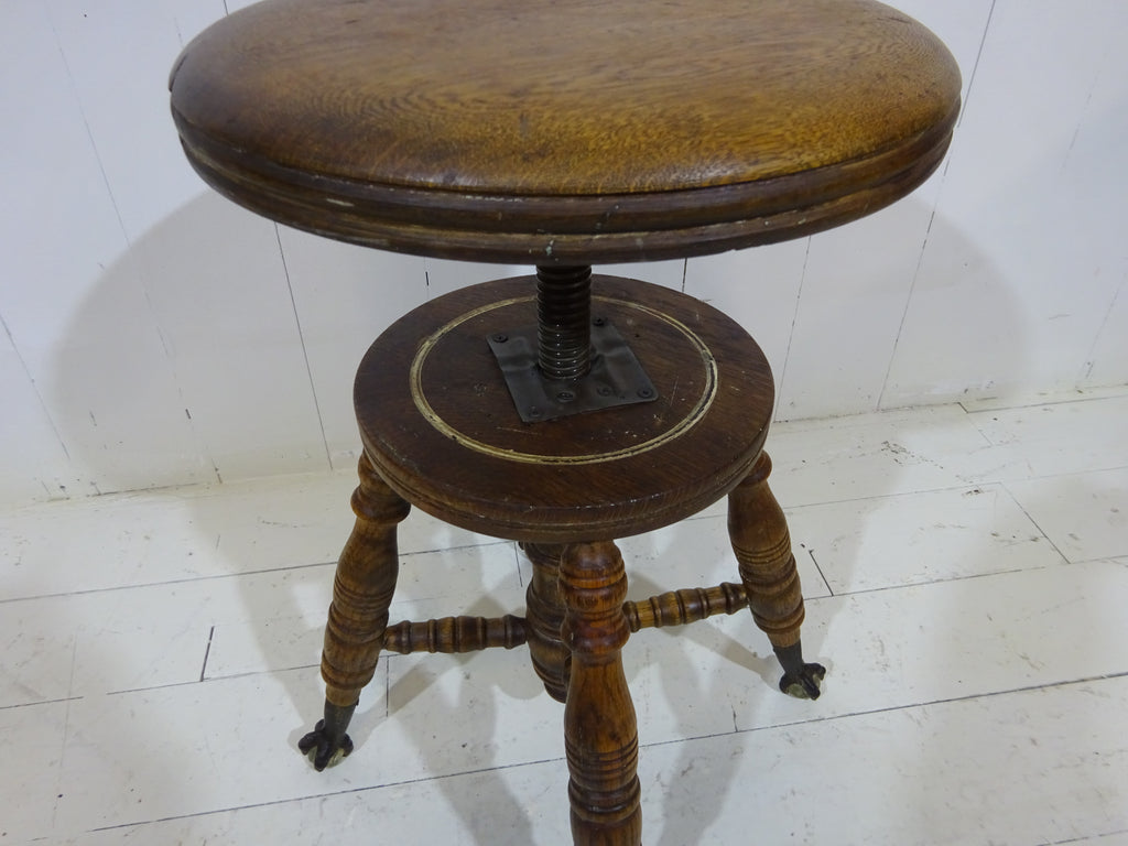 Victorian Oak Adjustable Stool With Claw & Glass Feet