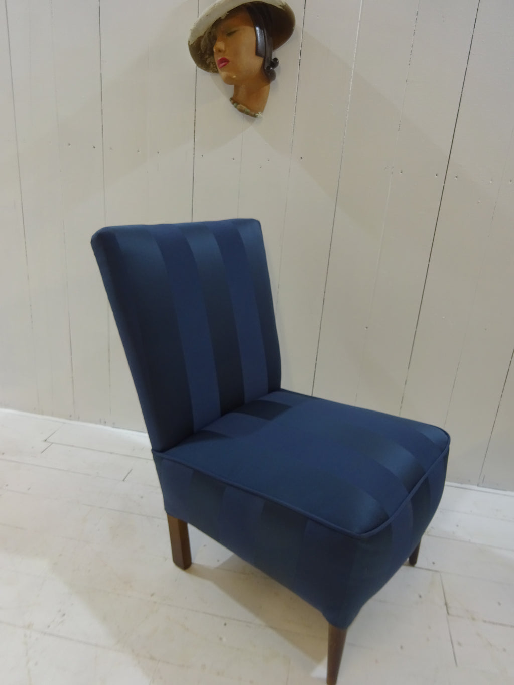 1960's Lounge Chair in Navy Blue Damask Fabric